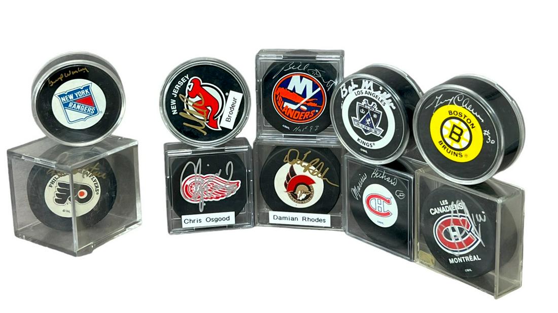 Vintage NHL hockey signed autographed puck collection lot, Martin Brodeur cheevers Miller (1 of 20)