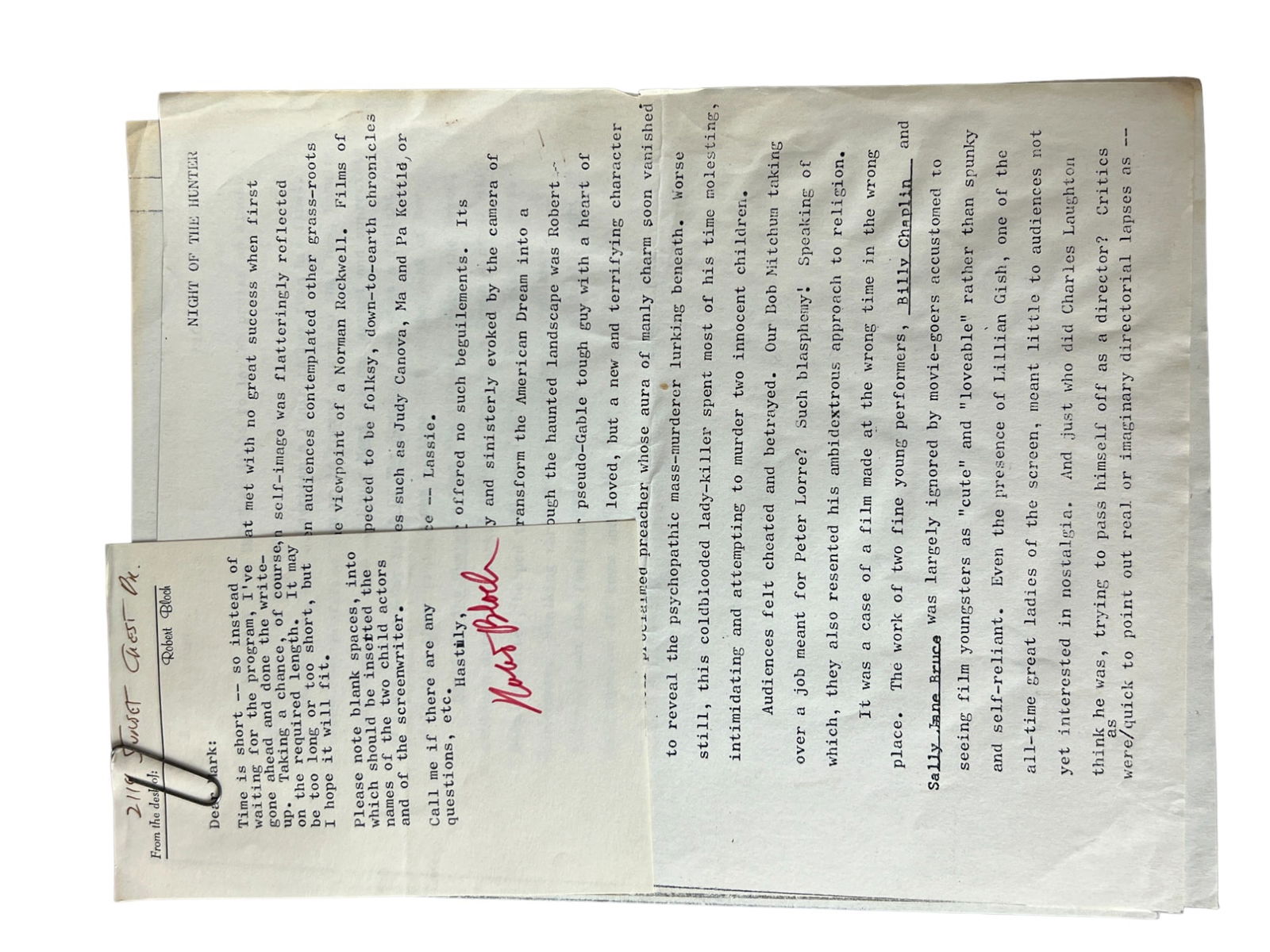 Robert Bloch signed note and letter regarding night of the Hunter movie (1 of 6)