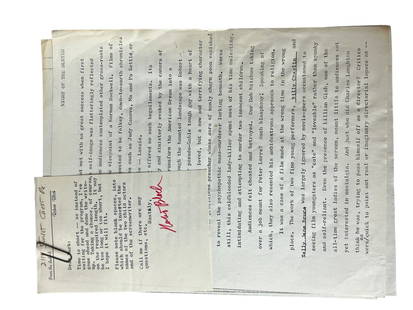 Robert Bloch signed note and letter regarding night of the Hunter movie: Robert Bloch signed note and letter regarding night of the Hunter movie