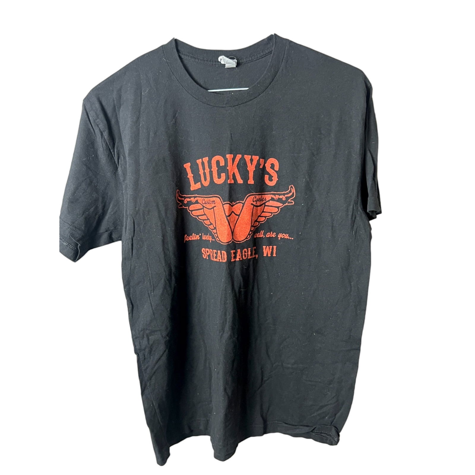 Vintage Luckys custom cycles motorcycle shop T-shirt large size spread eagle WI (1 of 6)