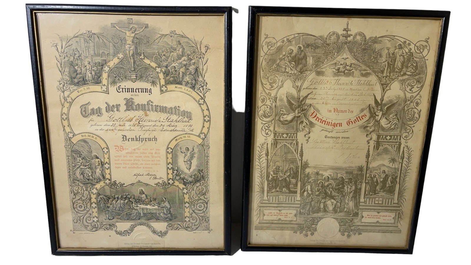 Antique German Confirmation Certificate Pair Framed 1885/1899 (1 of 11)