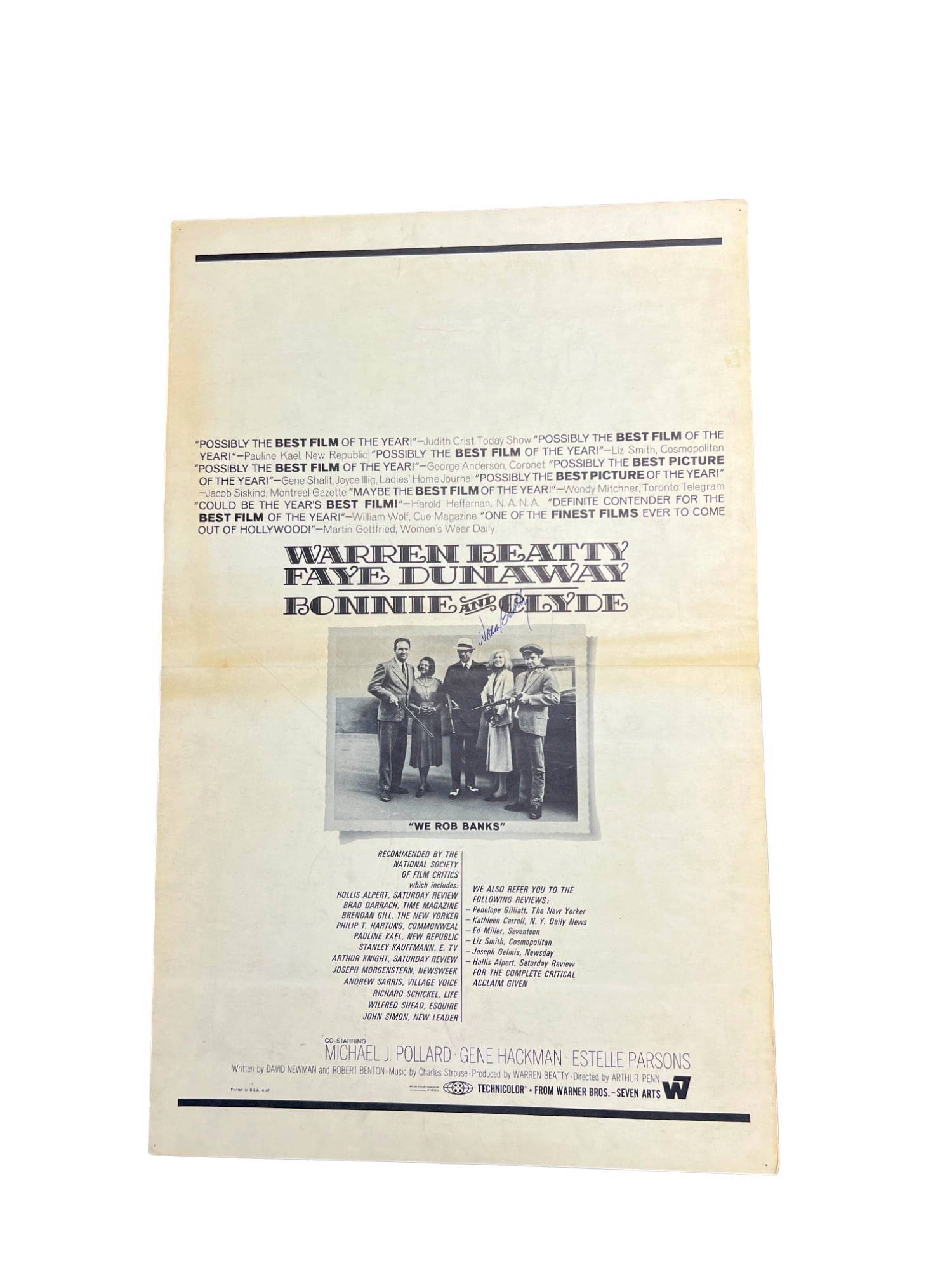 Bonnie And Clyde Rare Movie Poster Window Card 1967 Signed Autograph