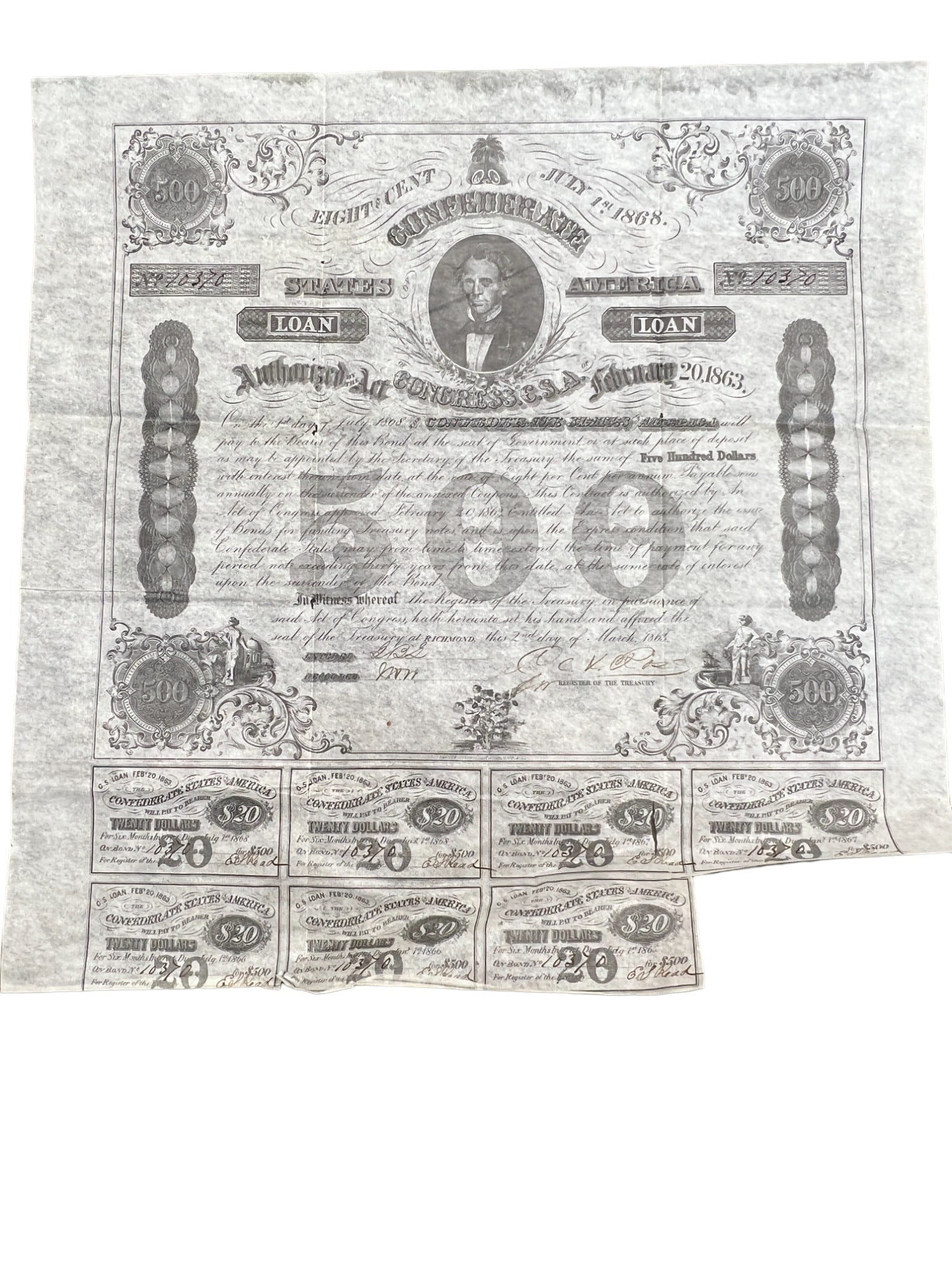 US confederate states of America 1863 $500 certificate dollars (1 of 10)