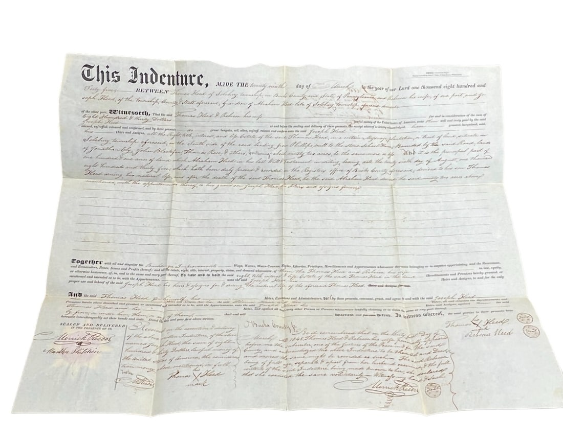 United States 1845 indenture signed deed document (1 of 12)