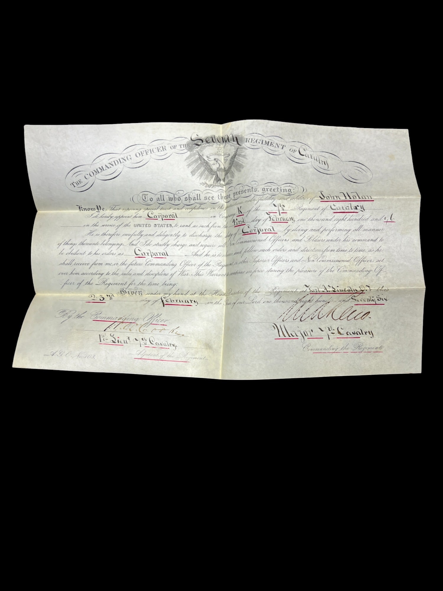 1876 United States Army Seventh Cavalry Regiment Signed Document (1 of 8)
