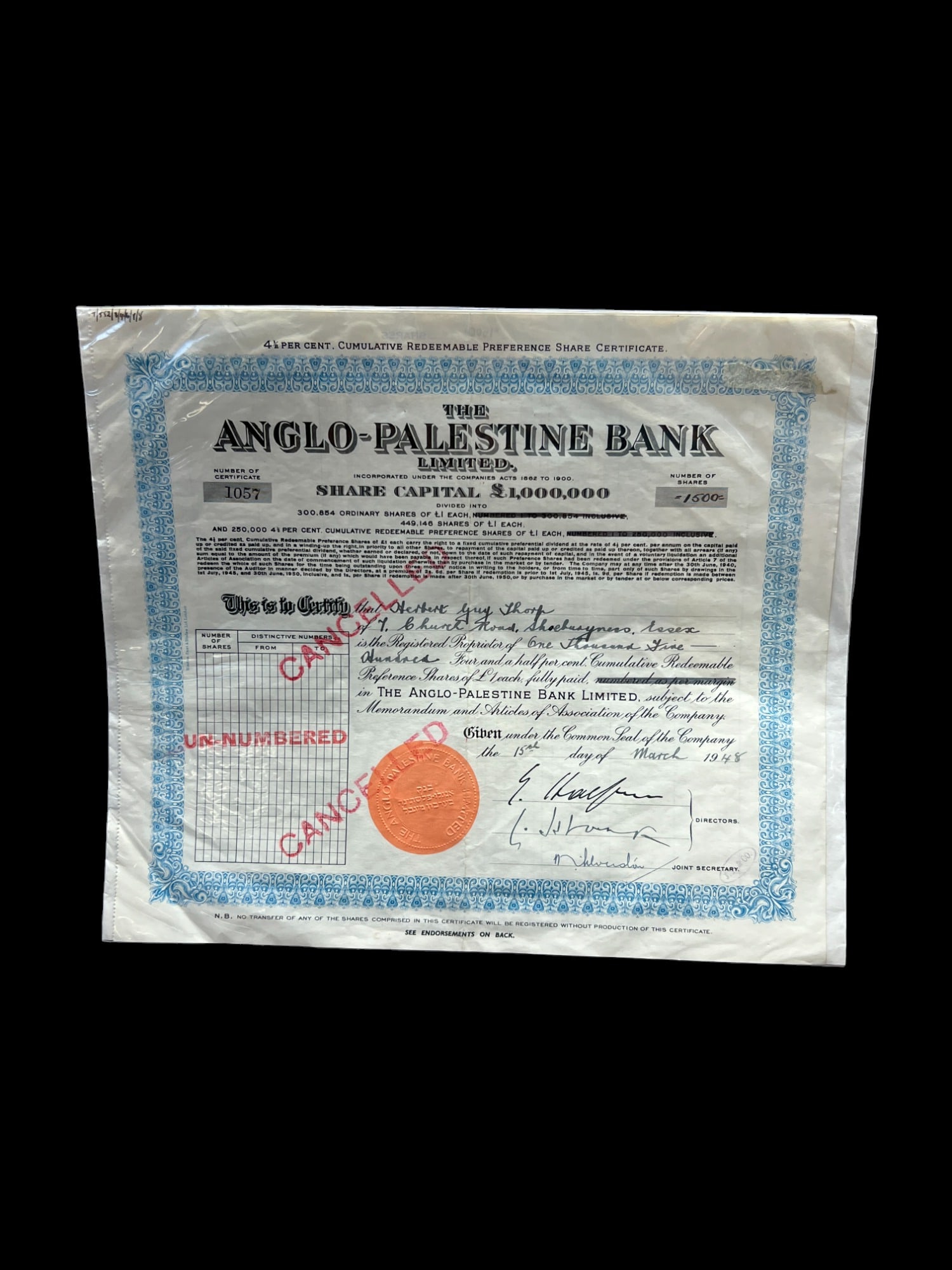 Anglo Palestine 1948 Antique Stock Certificate (1 of 8)