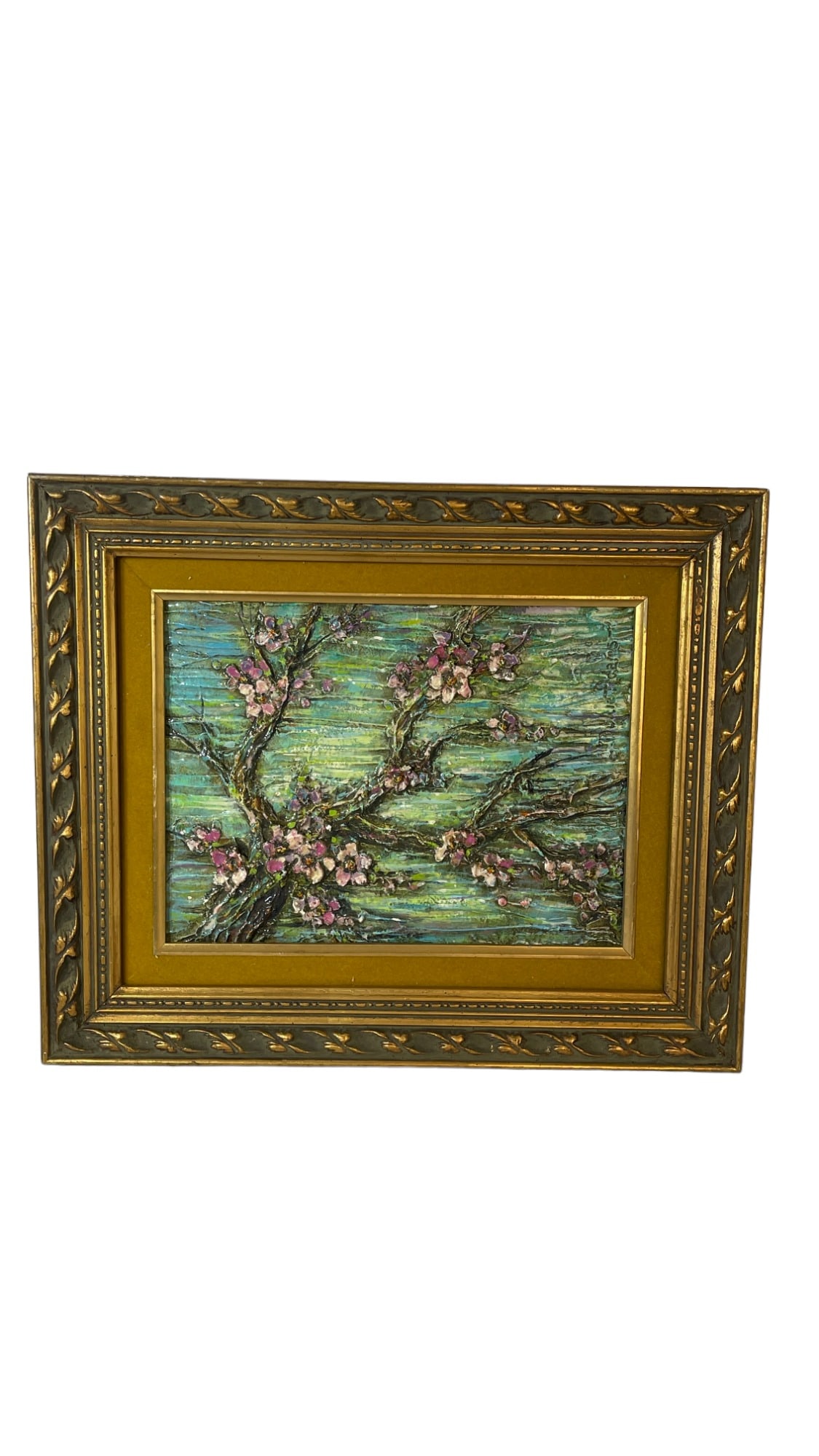 Dulce Adams "Cherry Blossoms" Acrylic Bas Relief Painting: Dulce Adams "Cherry Blossoms" Acrylic Bas Relief Painting, Size with frame: 14" x 17"