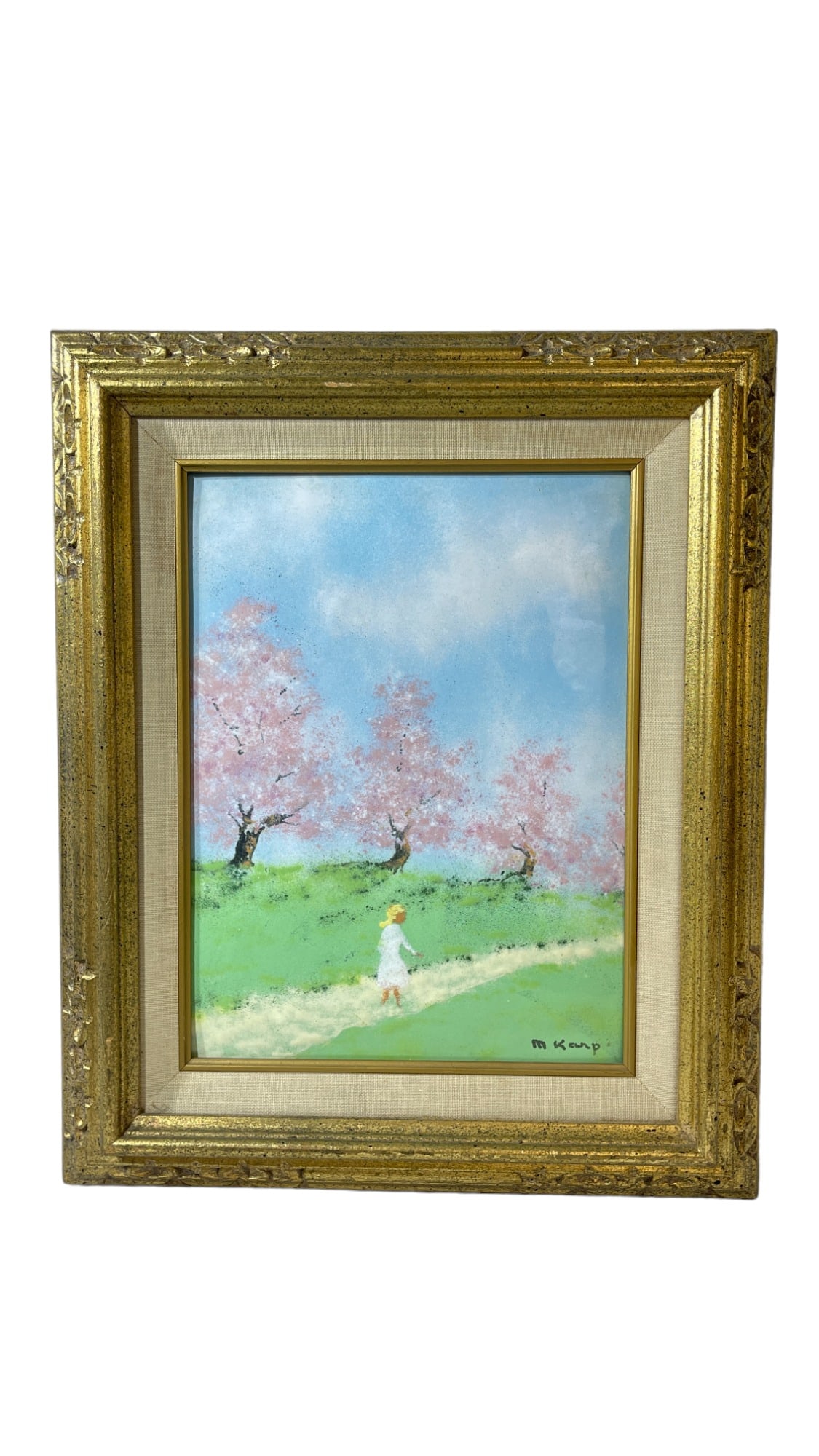 Max Karp Enamel On Copper Painting of Girl Walking Signed.: Max Karp Enamel On Copper Painting of Girl Walking Signed. 14 inches by 17 inches.