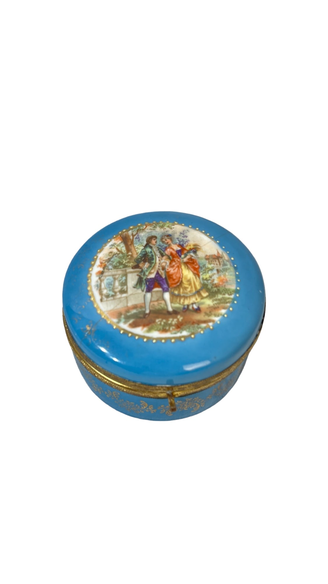 Vintage Antique German Porcelain Dresser Box W/ Man & Woman Dancing: Vintage Antique German Porcelain Dresser Box W/ Man & Woman Dancing - Mirror inside - 3 1/2 x 3 7/8 x 2 1/8