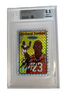 MICHAEL JORDAN SIGNED ULTRA RARE 1985 JEWEL PRISM STICKER CARD: Michael Jordan Signed ULTRA RARE 1985 JEWEL PRISM STICKER CARD. RAREST JORDAN CARD UDA AND BECKETT GRADED 8.5 WITH 10 AUTO.