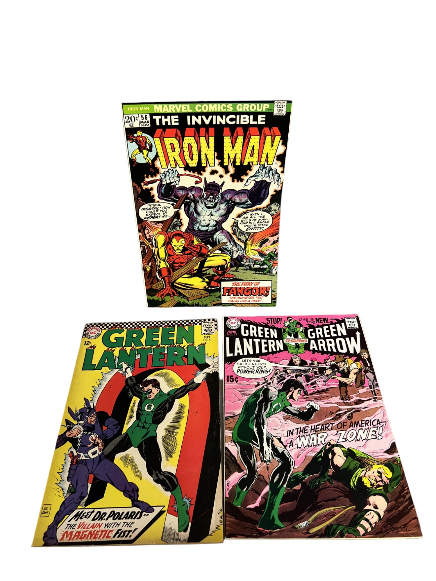 Green lantern 77 47, Iron Man 56, vintage comic book collection lot (1 of 5)