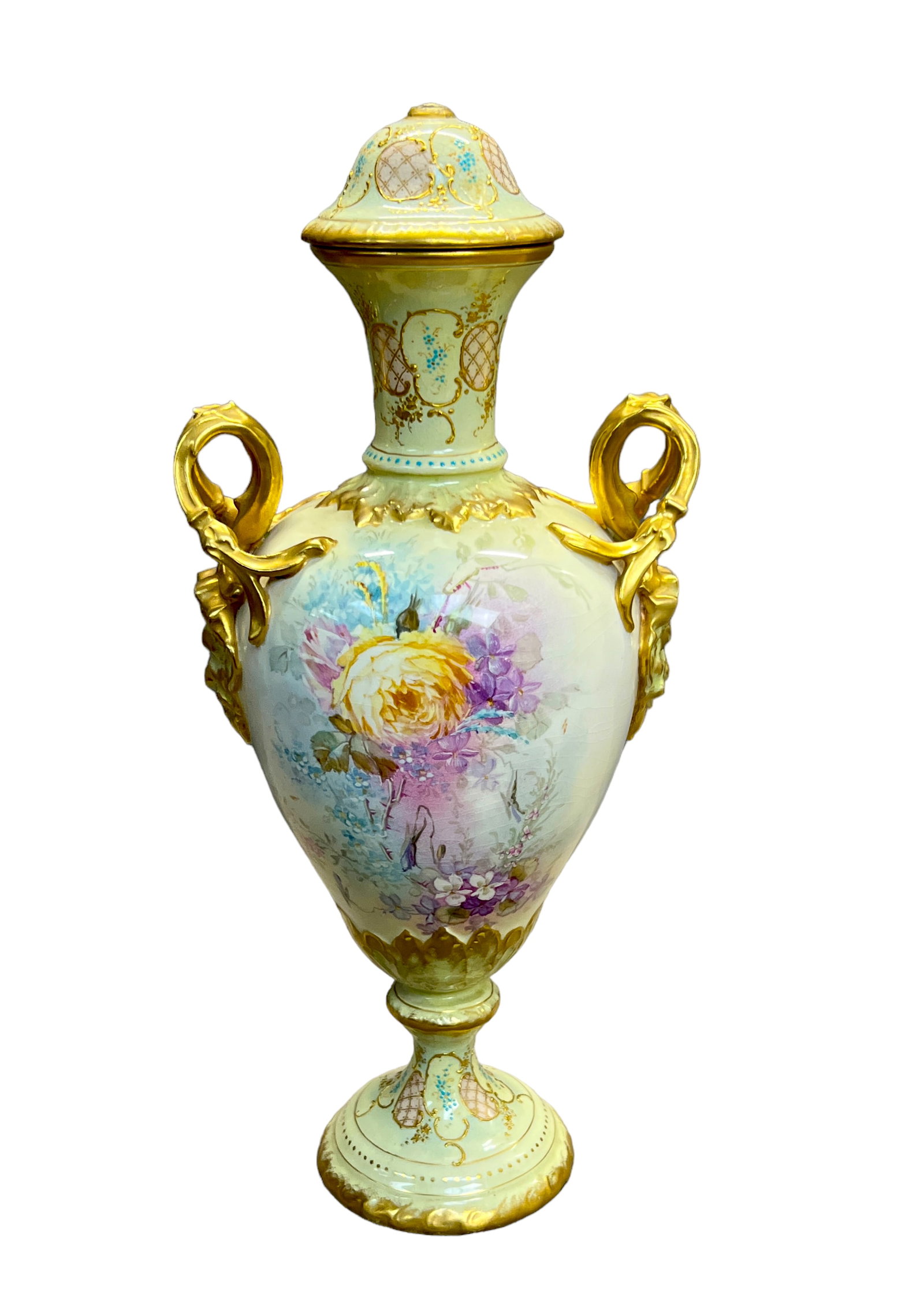 Royal Bonn - Franz Anton Mehlem Hand Painted & Gilded Vase: Royal Bonn - Franz Anton Mehlem Hand Painted & Gilded Vase height 17"