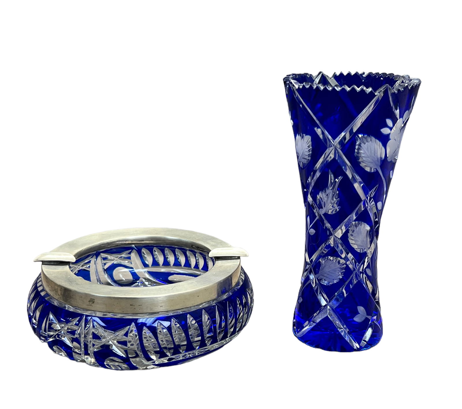 Blue Cut to White Clear Cut Crystal Vase Ashtray (1 of 8)