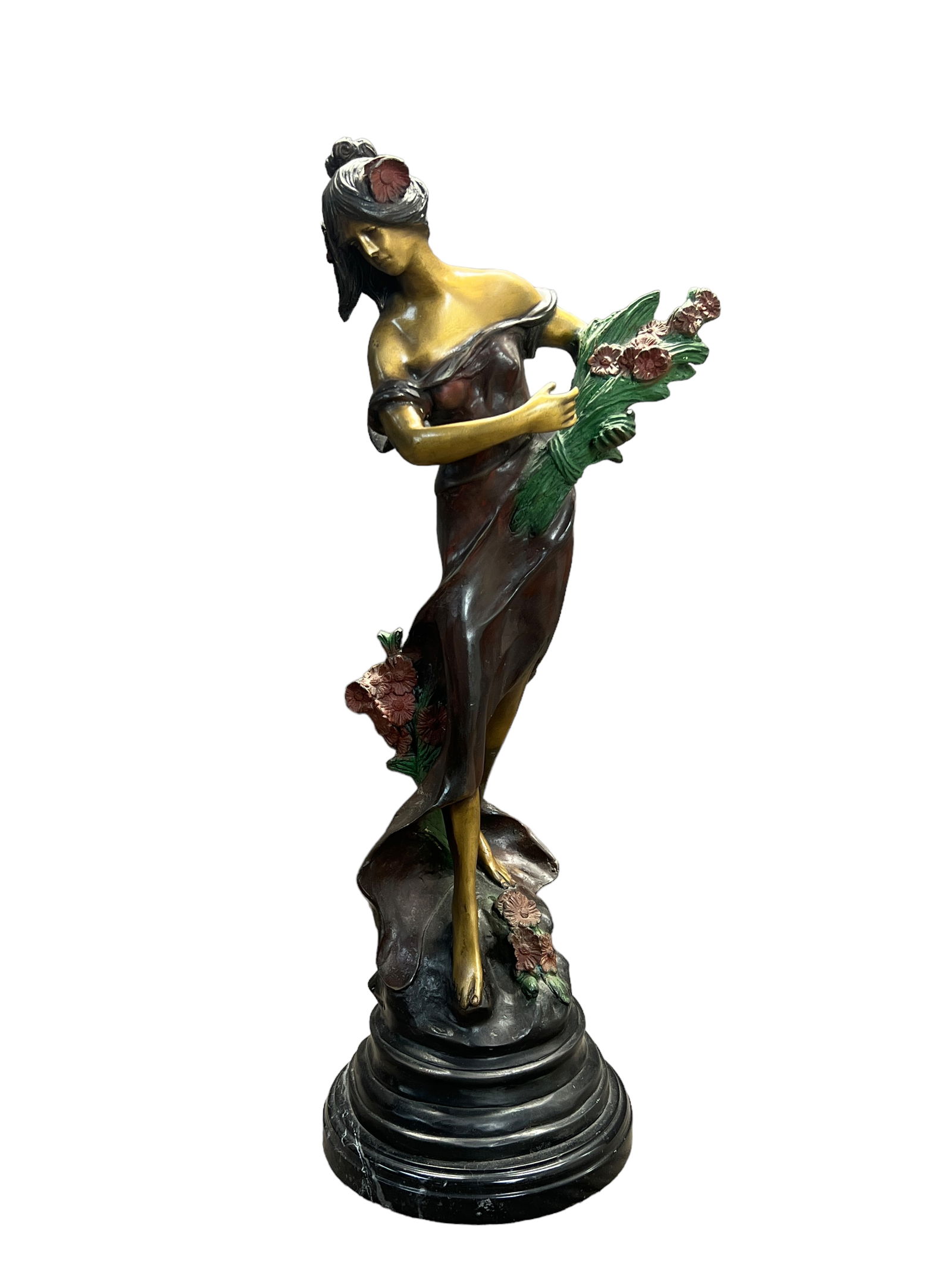 Vintage bronze sculpture statue flower girl signed Moreau (1 of 9)