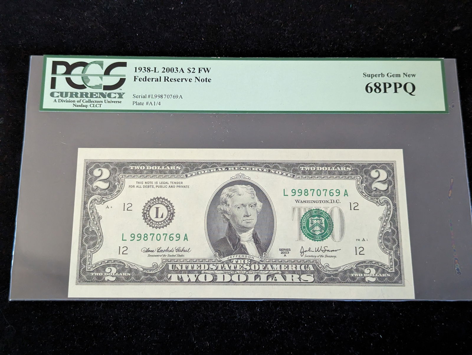 2003-A $2 Federal Reserve Note US Paper Money PCGS 68PPQ (1 of 2)