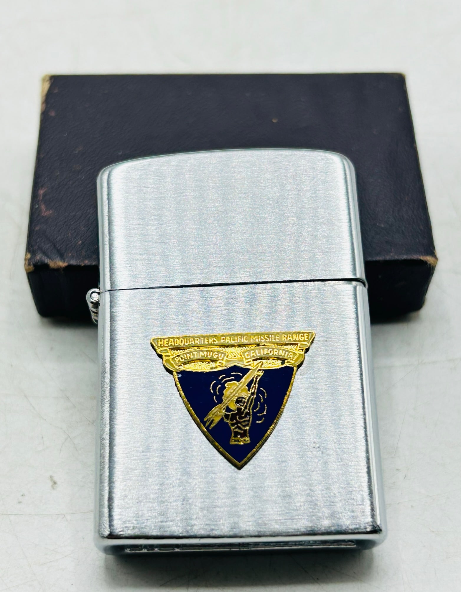 Vintage Headquarters Pacific Missile Range lighter: Point Mugu, California. In box.