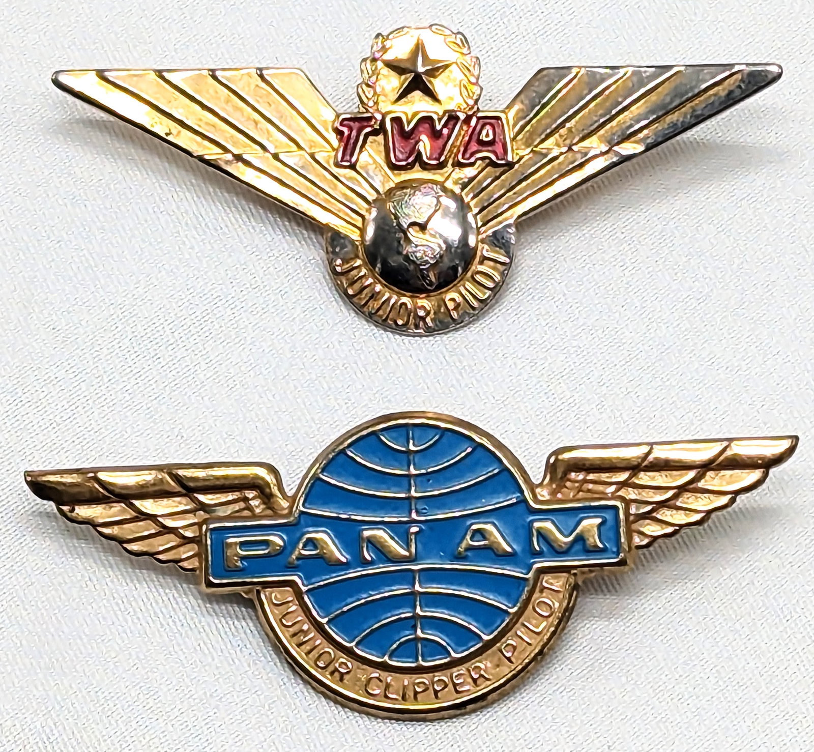 Vintage Pan Am Airlines and TWA pins: Junior Clipper Pilot and Junior Pilot pins. Location 2