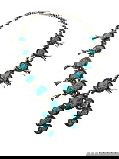 NAVAJO Native American Indian Sterling Silver Turquoise Squash Blossom Old Pawn Necklace Large: NAVAJO Native American Indian Sterling Silver Turquoise Squash Blossom Old Pawn Necklace Large 342 Grams