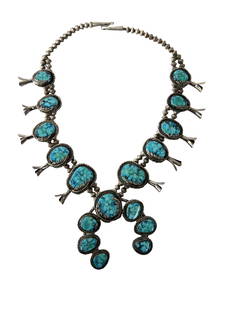 NAVAJO Native American Indian Sterling Silver Turquoise Squash Blossom Old Pawn Necklace Large: NAVAJO Native American Indian Sterling Silver Turquoise Squash Blossom Old Pawn Necklace Large 342 Grams