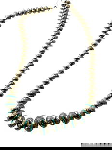 NAVAJO Native American Indian Sterling Silver Turquoise Marie Yazzie Bead Necklace Signed: NAVAJO Native American Indian Sterling Silver Turquoise Marie Yazzie Bead Necklace