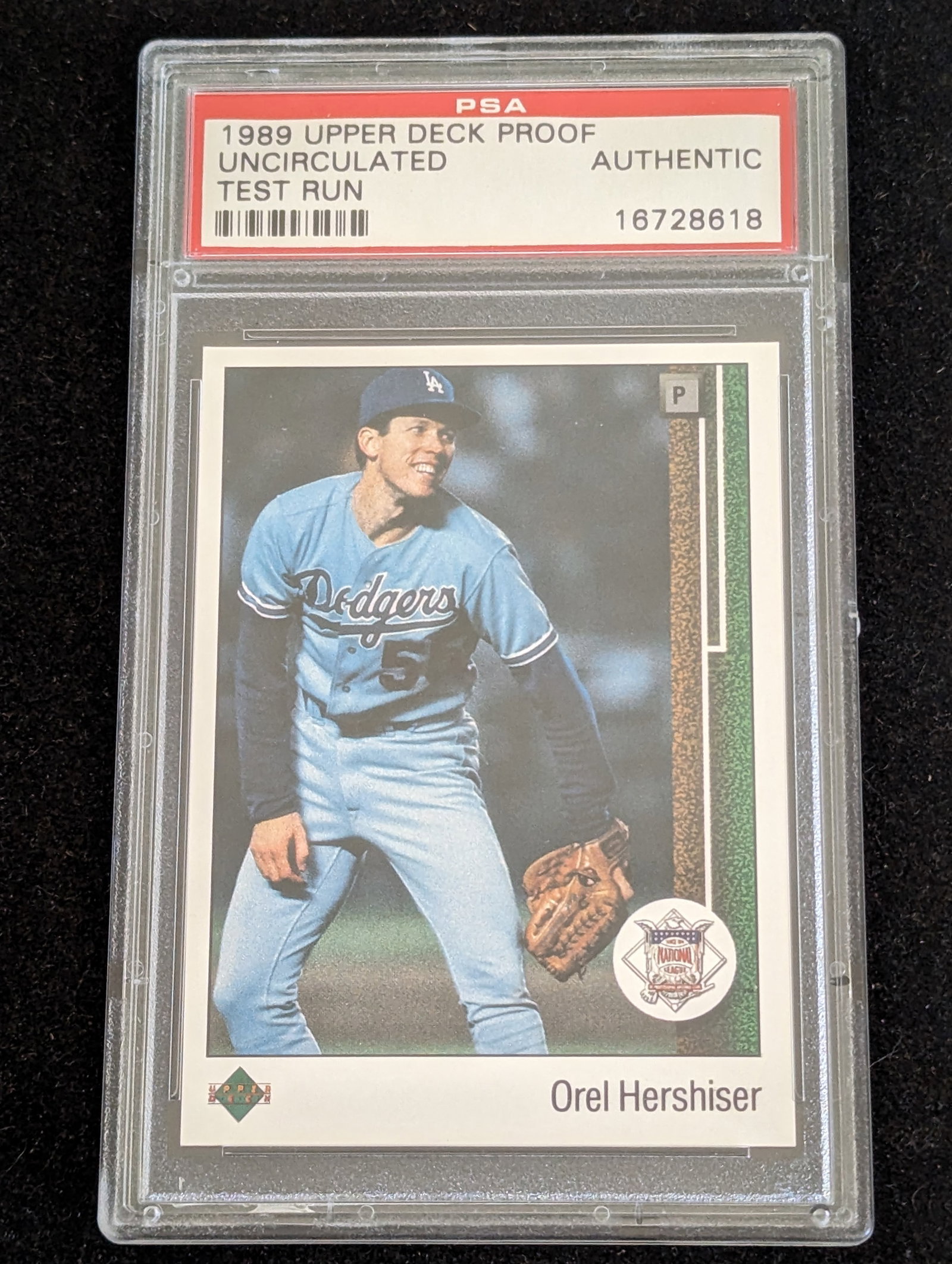 1989 Upper Deck Proof Test Run Orel Hershiser PSA Uncirculated error baseball card (1 of 2)