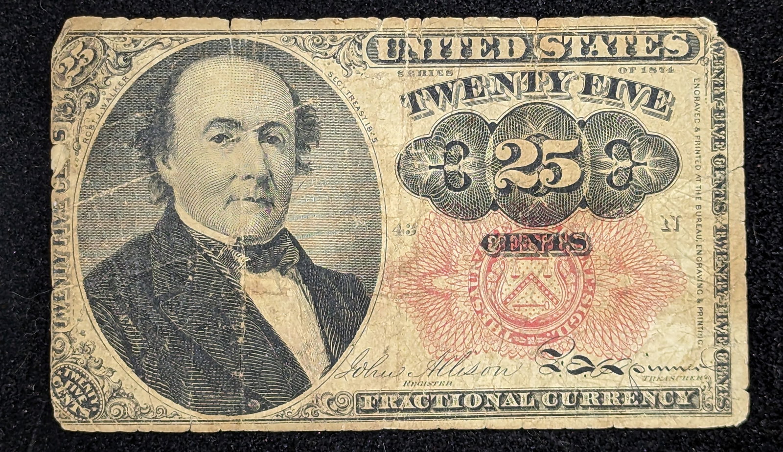 1866 Twenty Five Cents US Fractional Currency paper money (1 of 2)
