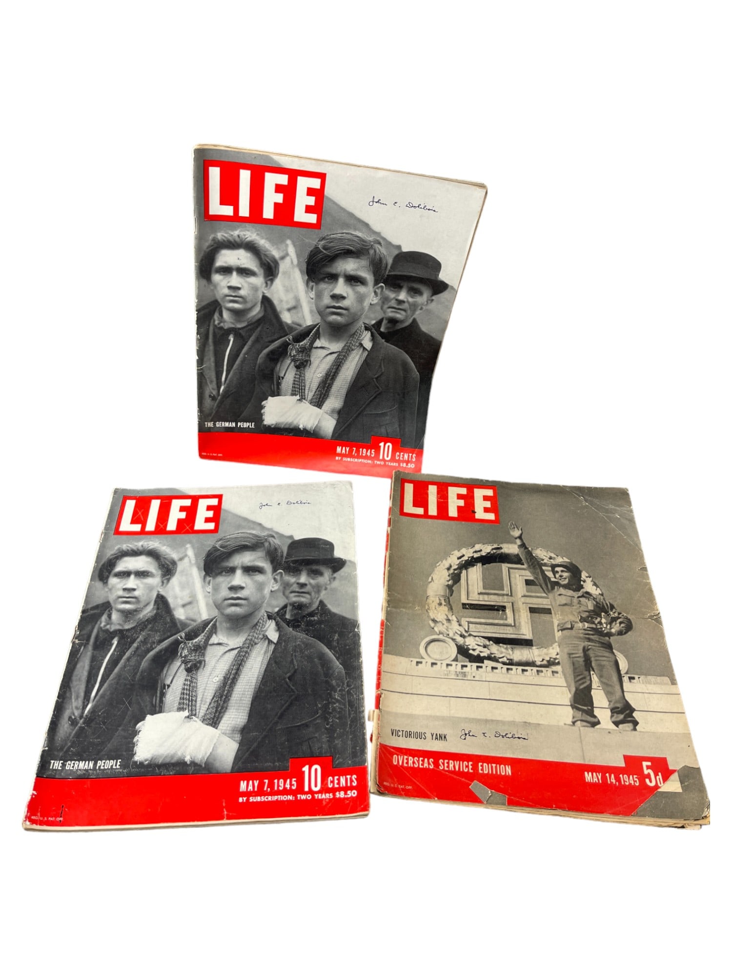 WWII LIFE Magazines 1945 Signed by John E. Dolibois: WWII LIFE Magazines 1945 Signed by John E. Dolibois. John Ernest Dolibois was a United States Ambassador to Luxembourg and college administrator. He used to teach German order of battle and Nazi Party