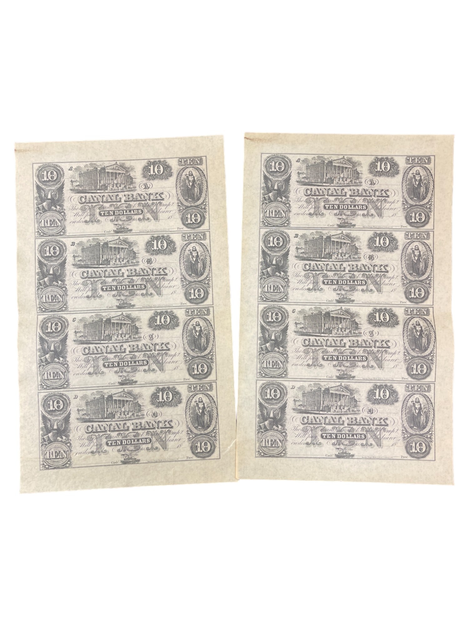 New Orleans Canal Bank Uncut Sheet $10 Obsolete Currency Notes (1 of 6)