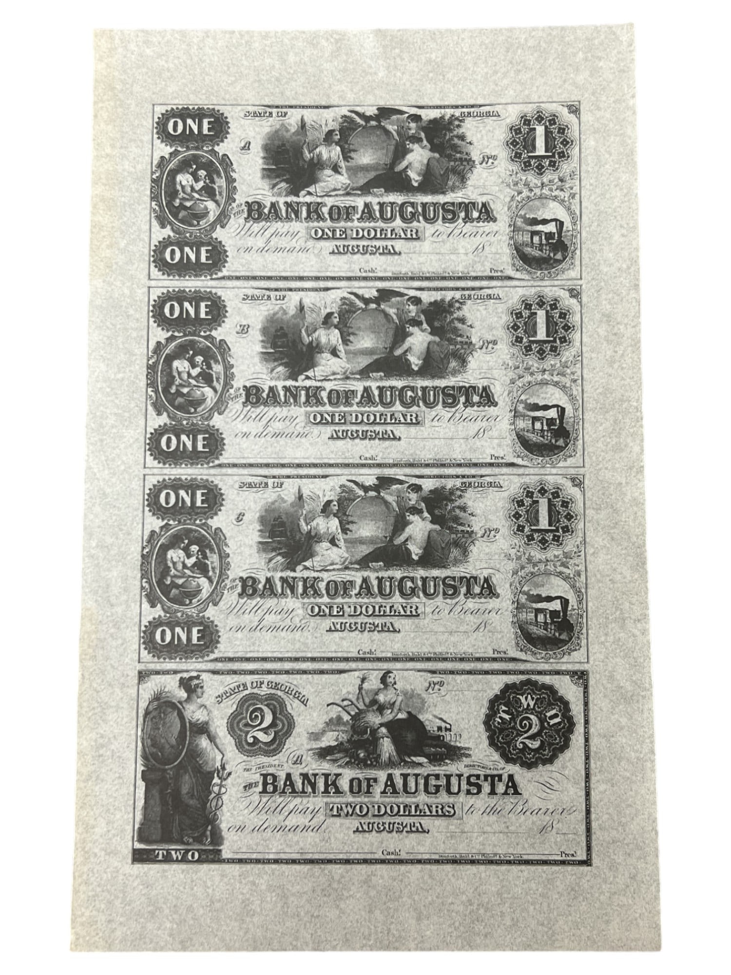 Bank of Augusta Un-Cut Sheet of $1 & $2 Notes (1 of 9)