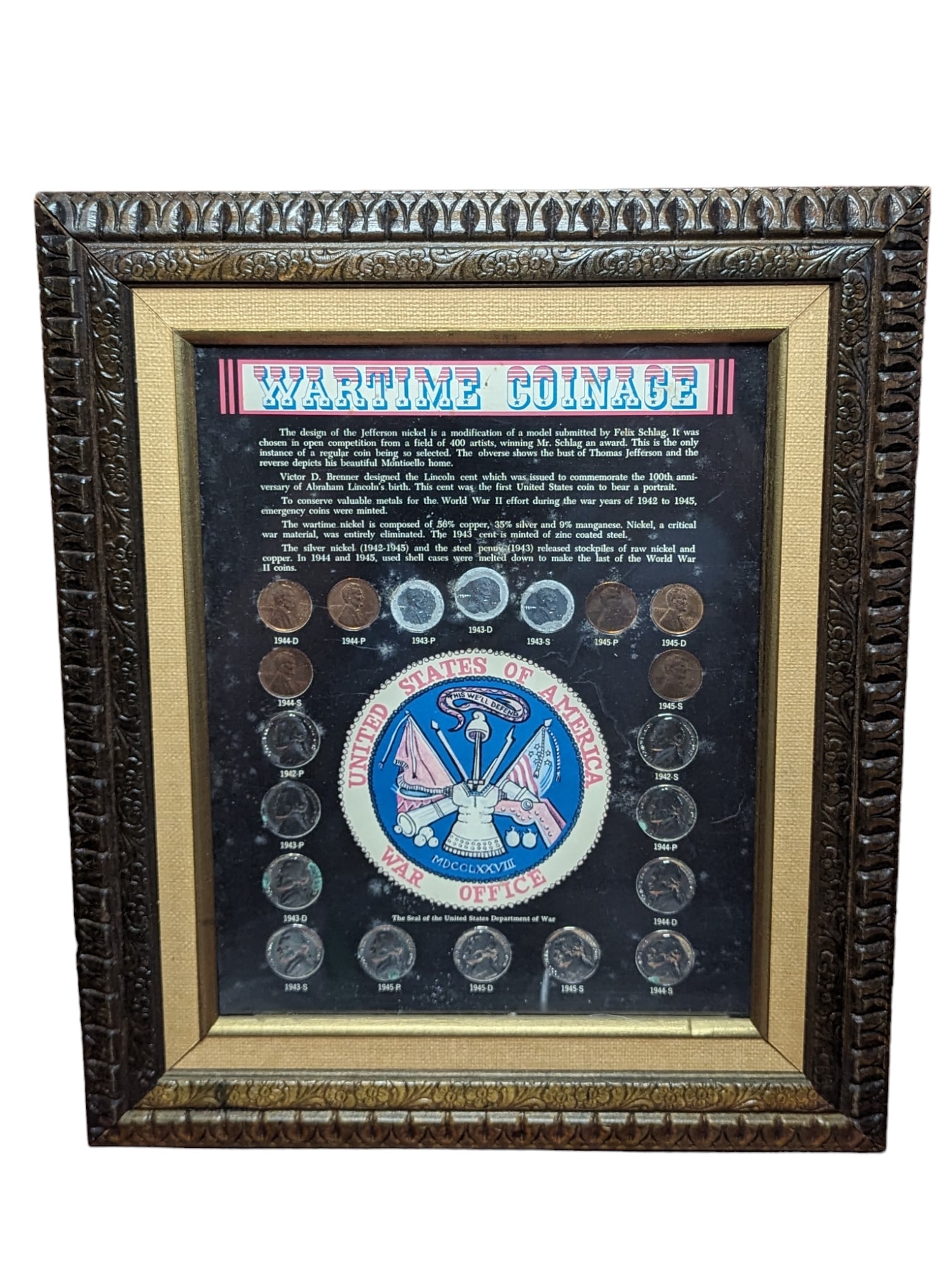 US Wartime Coin set: Full Silver Jefferson Nickels and Steel / Shell Cents. Framed.