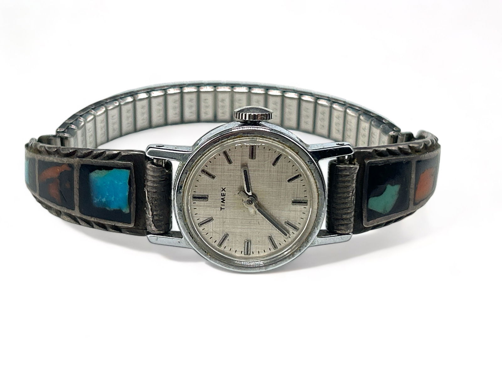 Timex silver & turquoise inlaid wrist watch: Scratch tested silver- no sterling markings