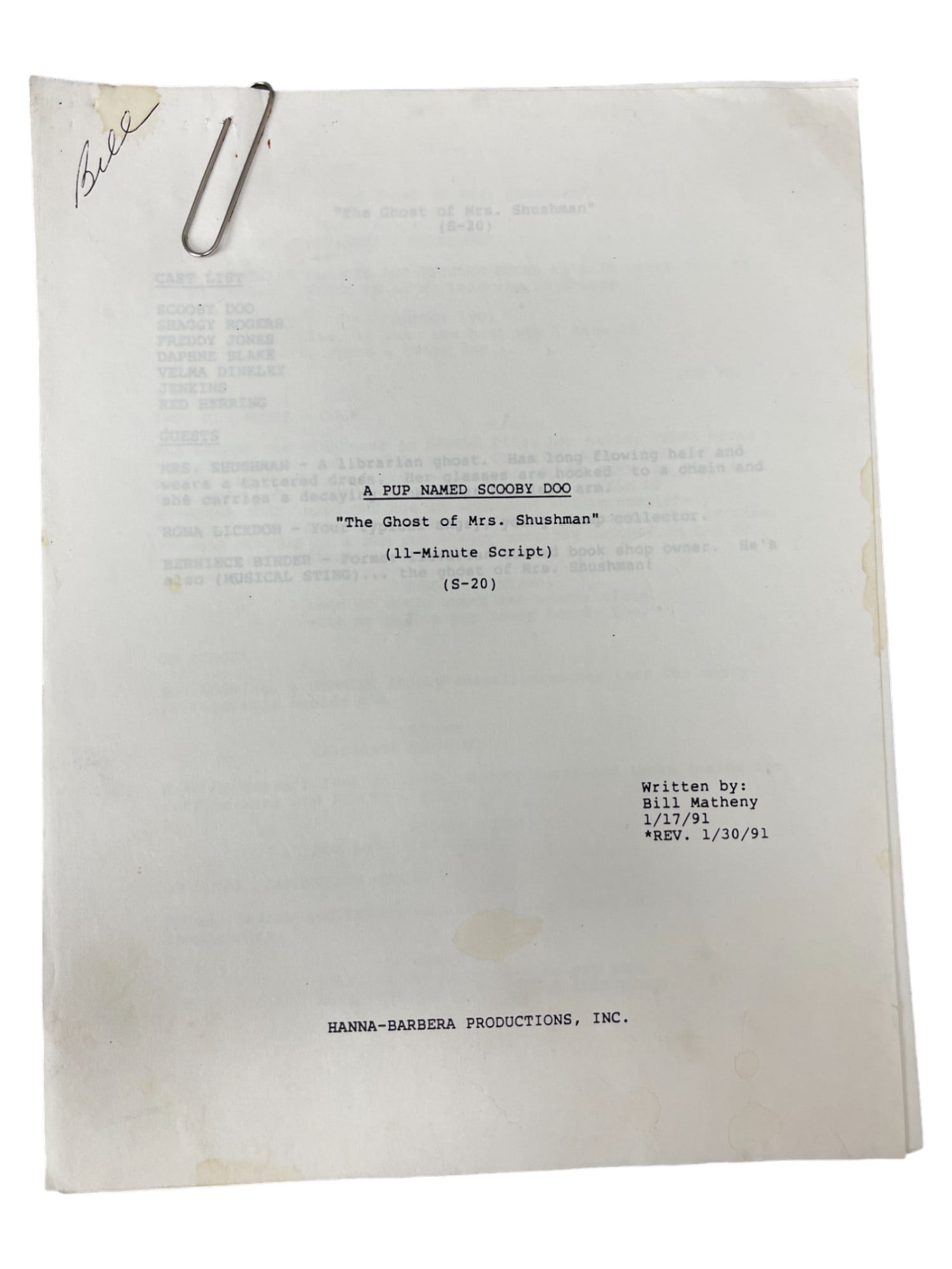 SCOOBY DOO VINTAGE ANIMATION CARTOON TV 1991 SCRIPT HANNA BARBERA (1 of 6)