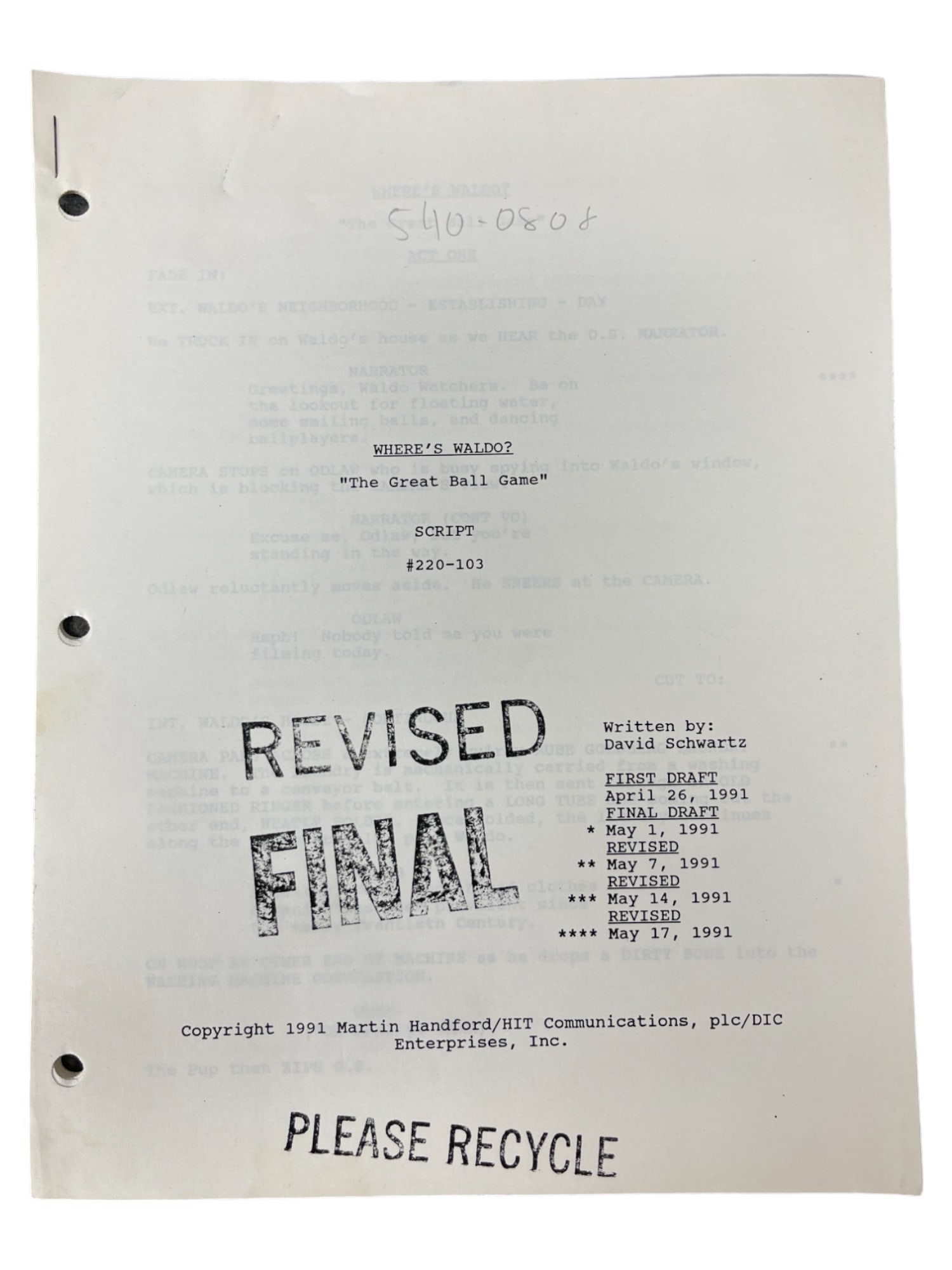 WHERE'S WALDO VINTAGE ANIMATION CARTOON TV 1991 SCRIPT HANNA BARBERA: WHERE'S WALDO VINTAGE ANIMATION CARTOON TV 1991 SCRIPT HANNA BARBERA