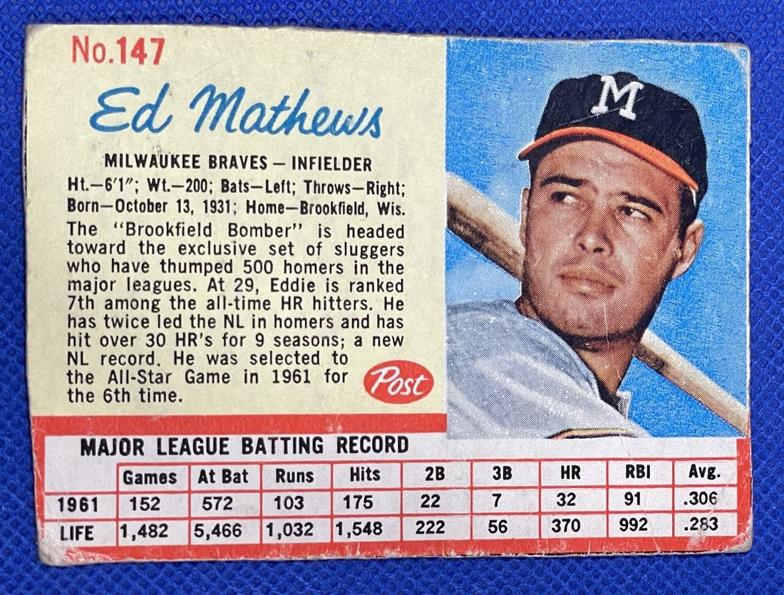 Ed Matthews Post Cereal 1960s card (1 of 2)