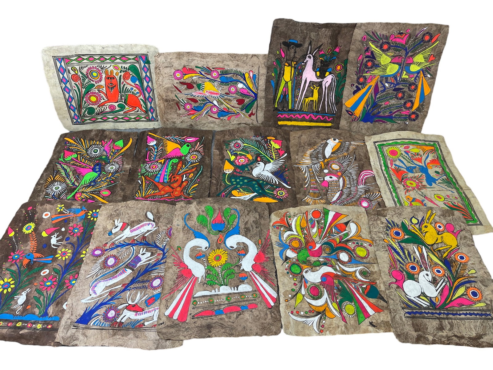 Vintage Mexican Folk Art Painting Amate Bark Paper Collection Lot: Vintage Mexican Folk Art Painting Amate Bark Paper Collection Lot of 15 Pieces