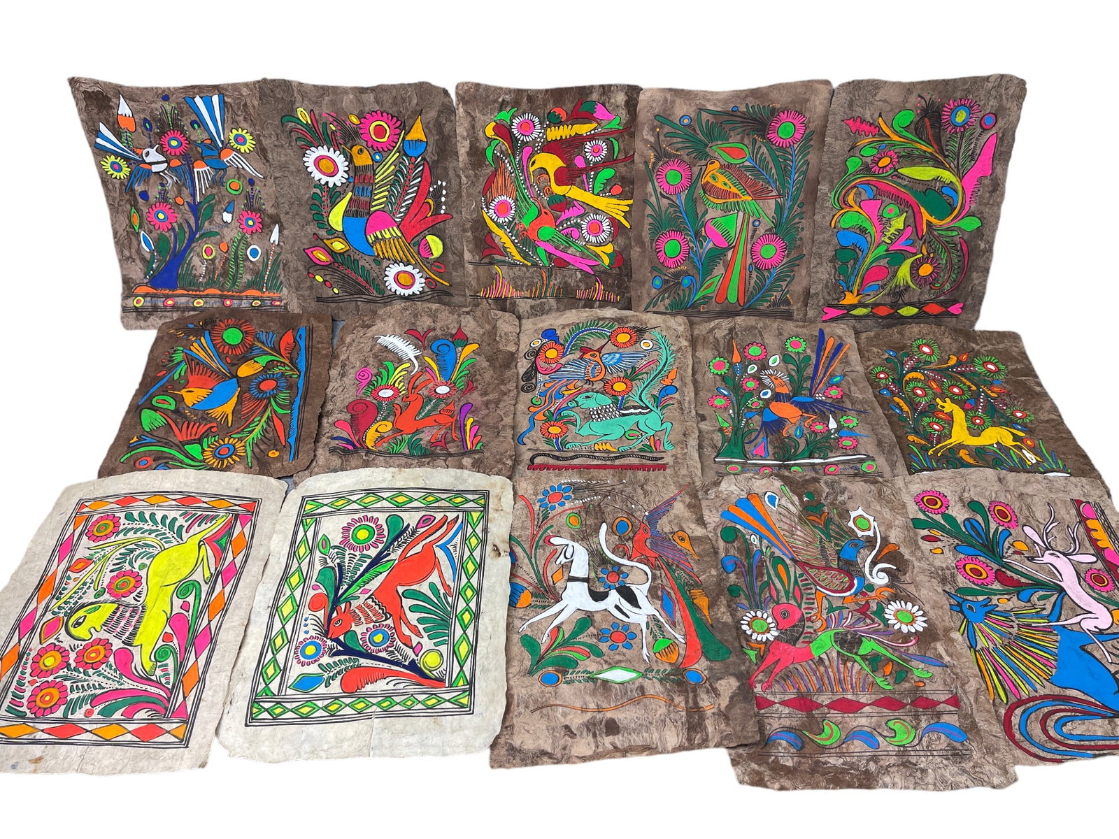 Vintage Mexican Folk Art Painting Amate Bark Paper Collection Lot: Vintage Mexican Folk Art Painting Amate Bark Paper Collection Lot of 15 Pieces