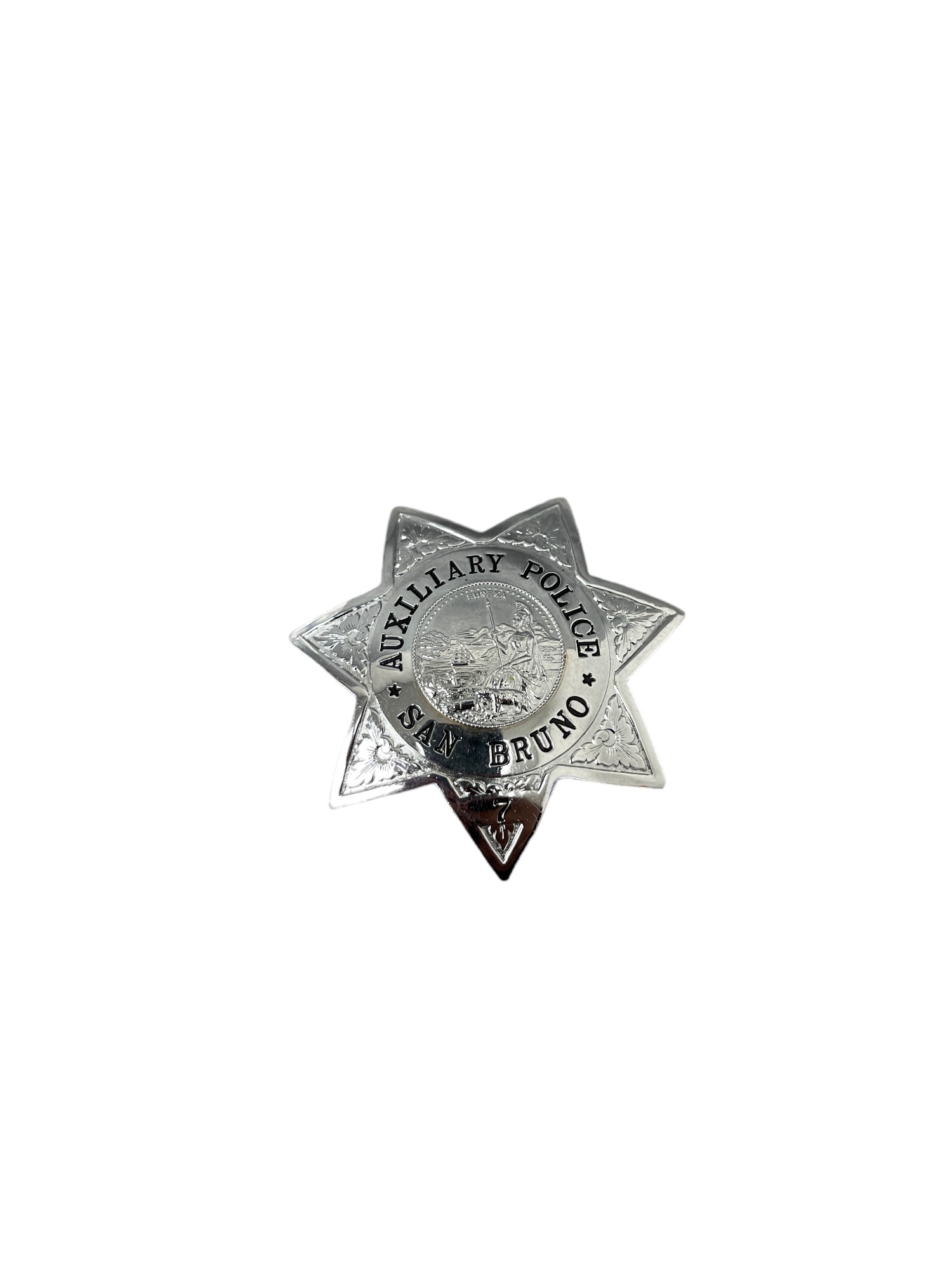 SAN BRUNO CALIFORNIA  CA  OBSOLETE AUXILIARY POLICE BADGE MAKER MARKED IRVINE JACHENS (1 of 6)