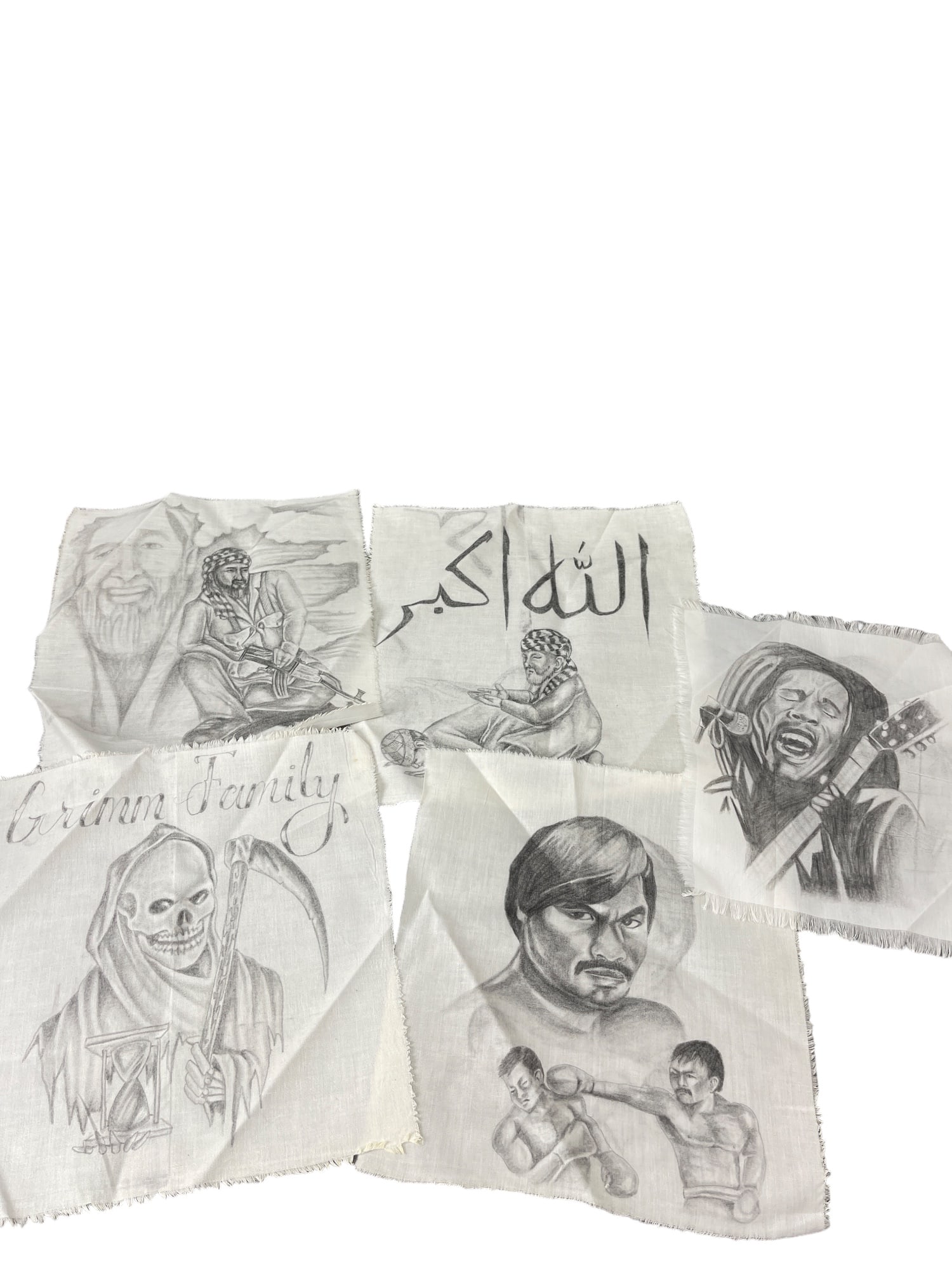PRIMITIVE INMATE PRISON ART CELL PENCIL DRAWING CHICANO ON FABRIC: PRIMITIVE INMATE PRISON ART CELL PENCIL DRAWING CHICANO ON FABRIC, POSSIBLY ON BEDSHEET