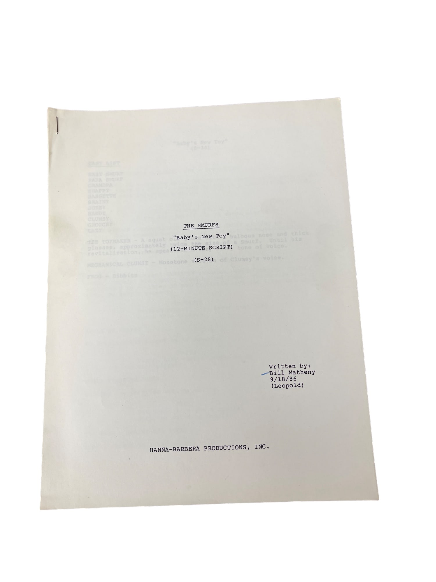 THE SMURFS VINTAGE ANIMATION CARTOON TV 1986 SCRIPT HANNA BARBERA (1 of 9)
