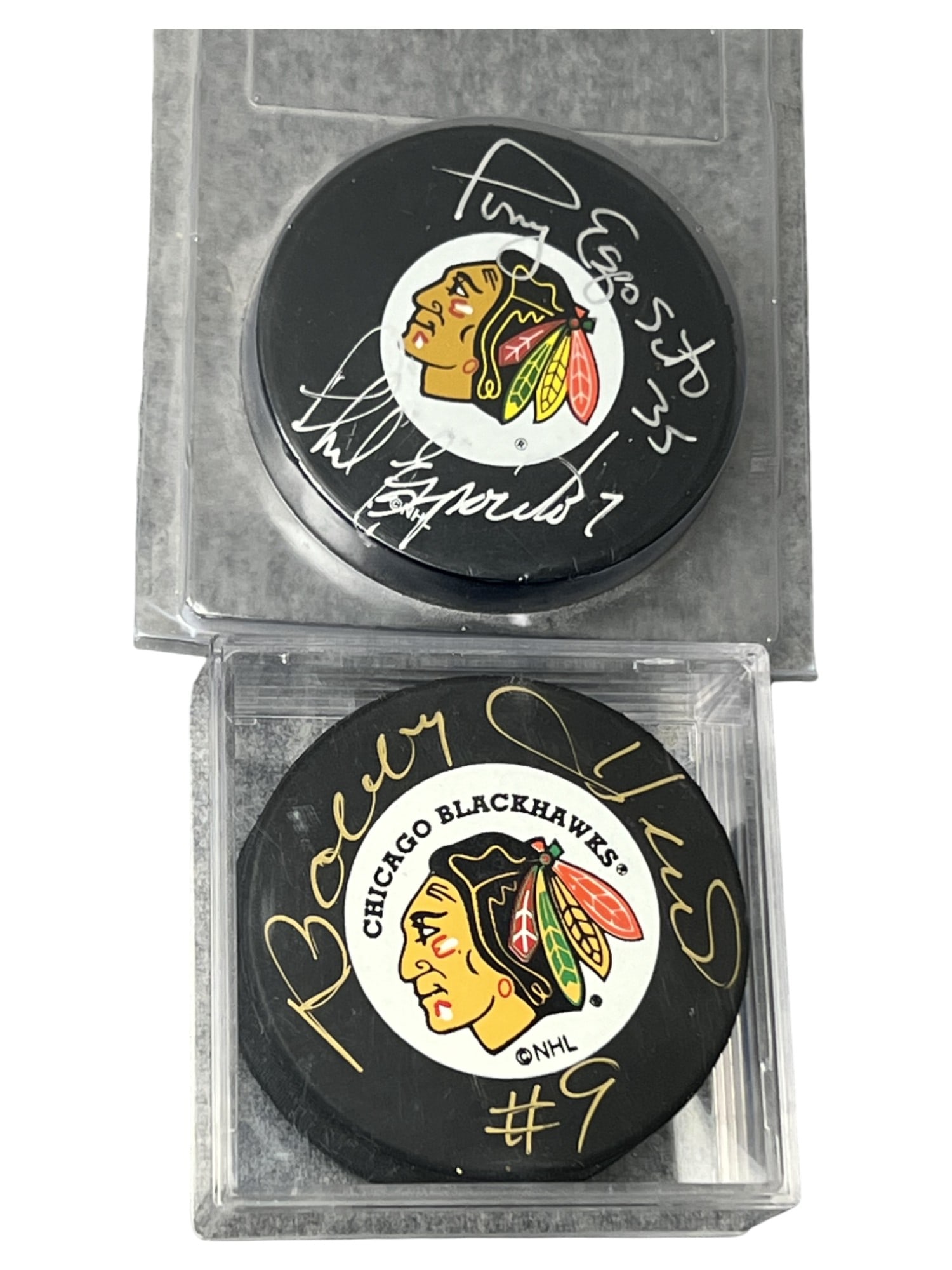 BOBBY HULL TONY ESPOSITO  SIGNED Autographed CHICAGO BLACKHAWKS HOCKEY Puck LOT 2 (1 of 7)