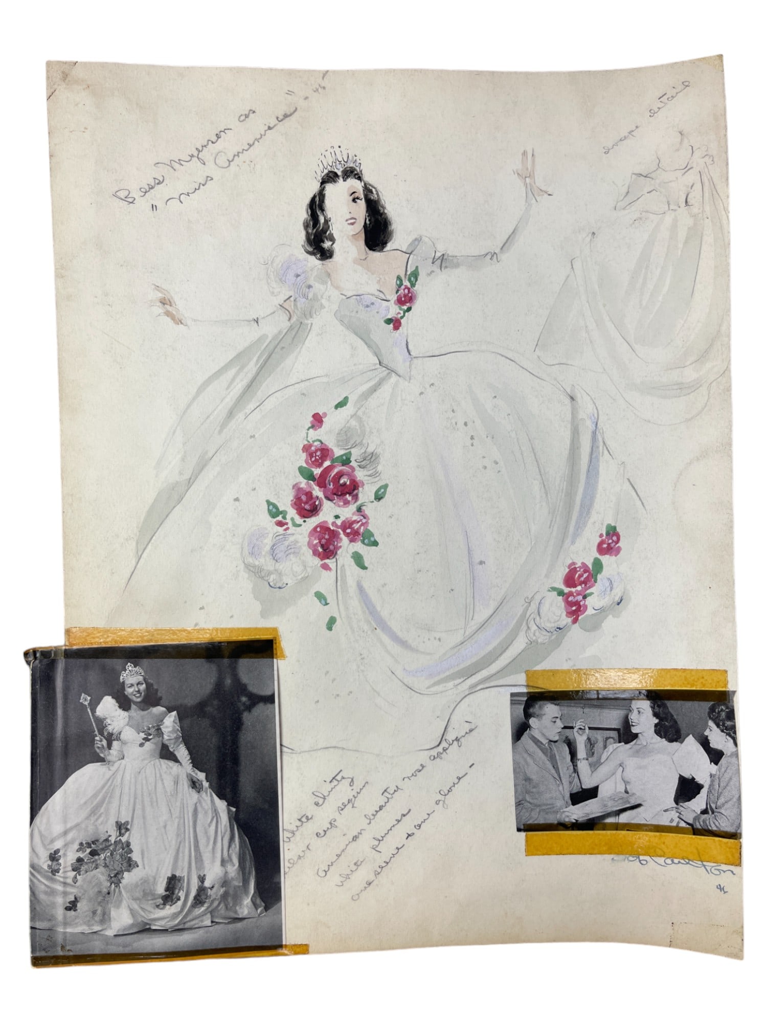 VINTAGE SKETCH ART COSTUME DESIGN DRAWING Bess Myerson Miss America BY BOB ROBERT CARLTON: VINTAGE SKETCH ART COSTUME DESIGN DRAWING Bess Myerson Miss America BY BOB ROBERT CARLTON SIZE 11 1/2 X 14 1/2 INCHES