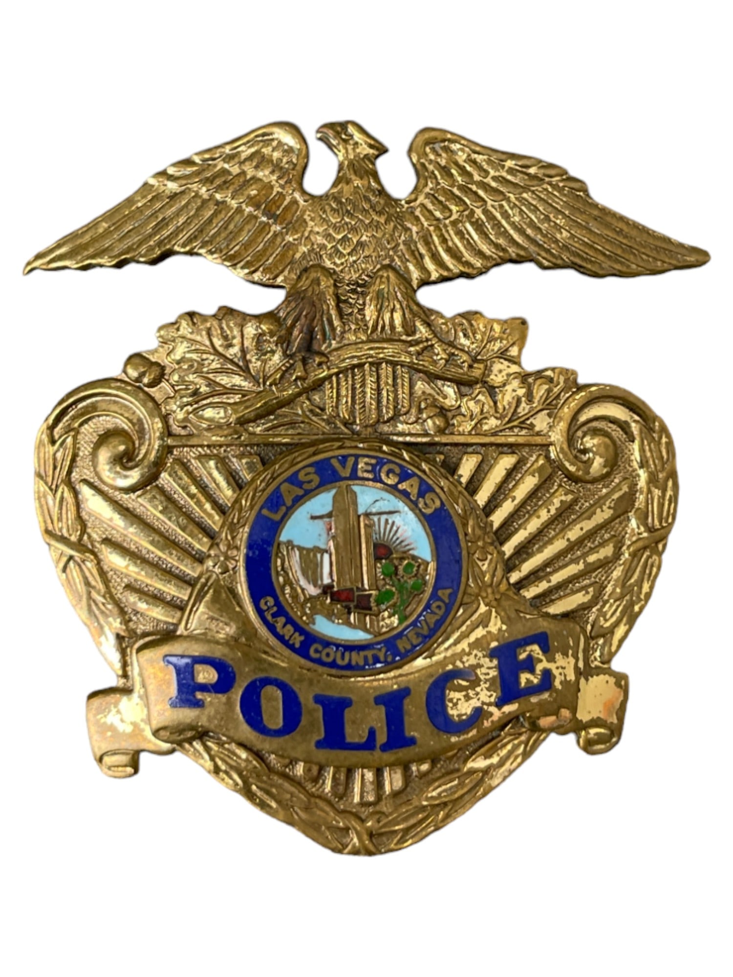 VINTAGE OBSOLETE LAS VEGAS POLICE BADGE MAKER MARKED SUN BADGE: VINTAGE OBSOLETE LAS VEGAS POLICE BADGE MAKER MARKED SUN BADGE
