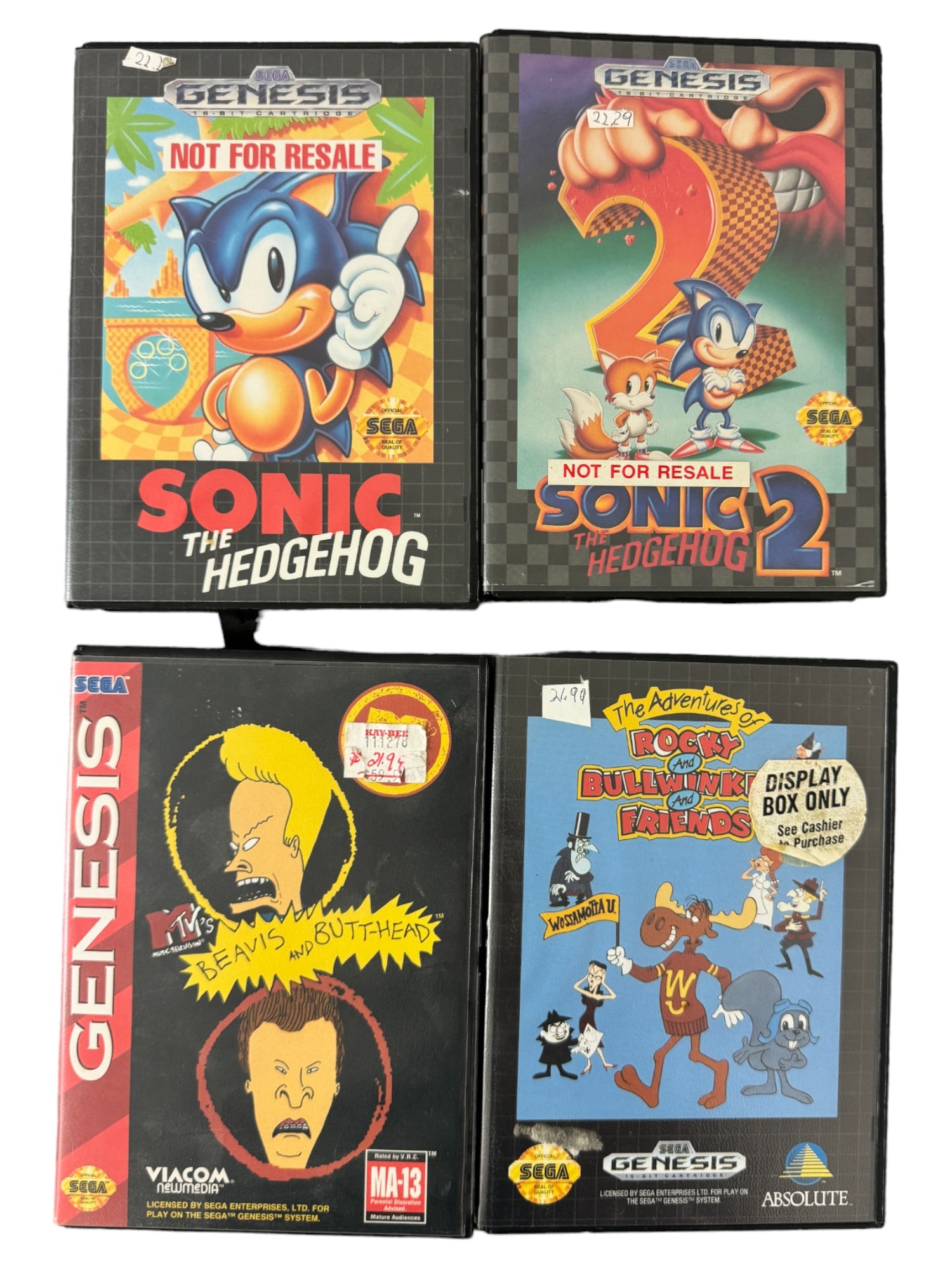 Vintage 1990s Genesis SEGA Sonic The Hedgehog, Beavis & Butt-Head & Rocky & Bullwinkle & Friends (1 of 6)