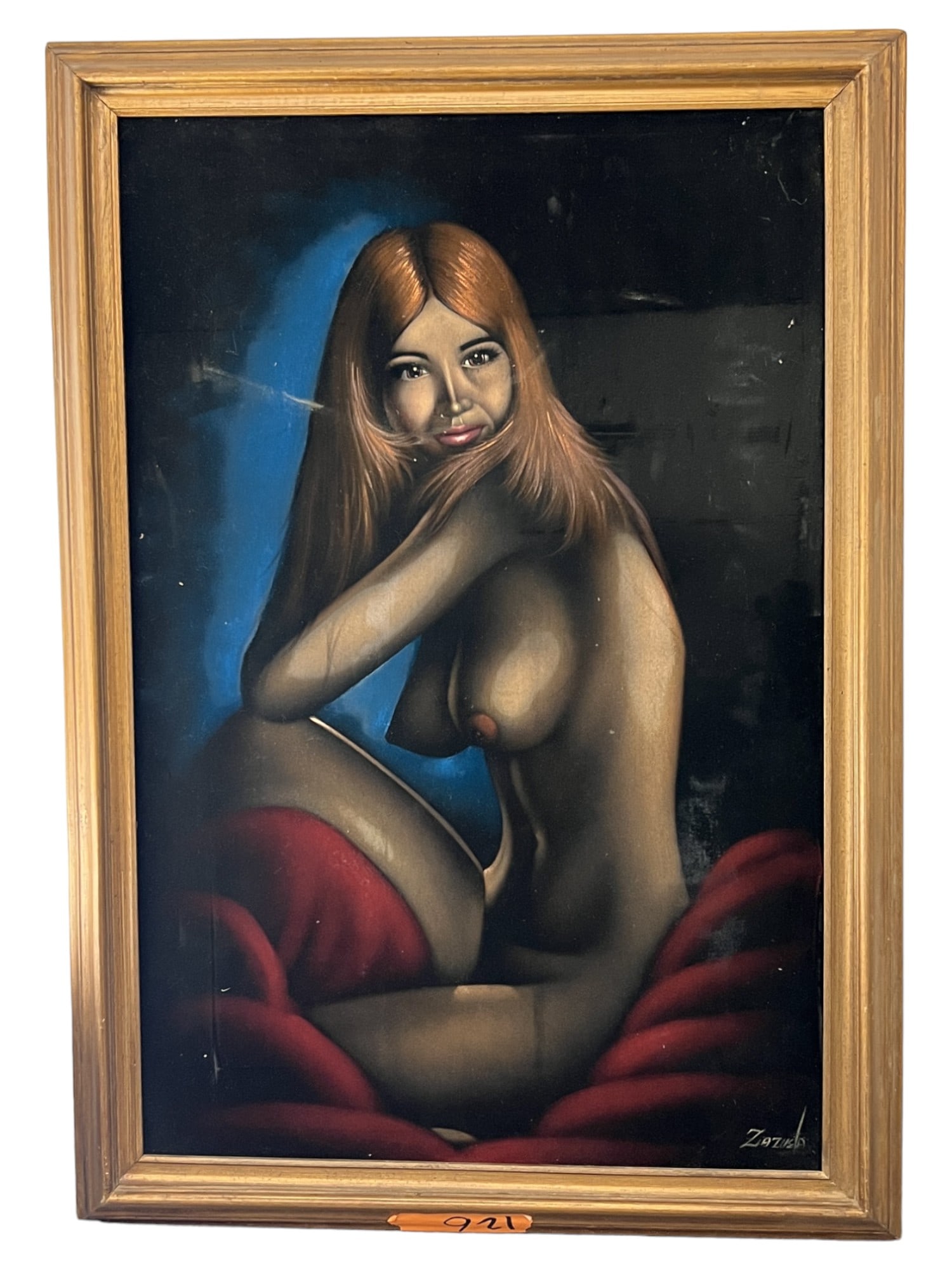 VINTAGE 1960S 70S BLACK VELVET PAINTING RISQUE PIN-UP NUDE SIGNED ZAZUETA: VINTAGE 1960S 70S BLACK VELVET PAINTING RISQUE PIN-UP NUDE SIGNED ZAZUETA, SIZE INCLUDING FRAME 29 X 42 INCLUDING FRAME, SMALL TEAR