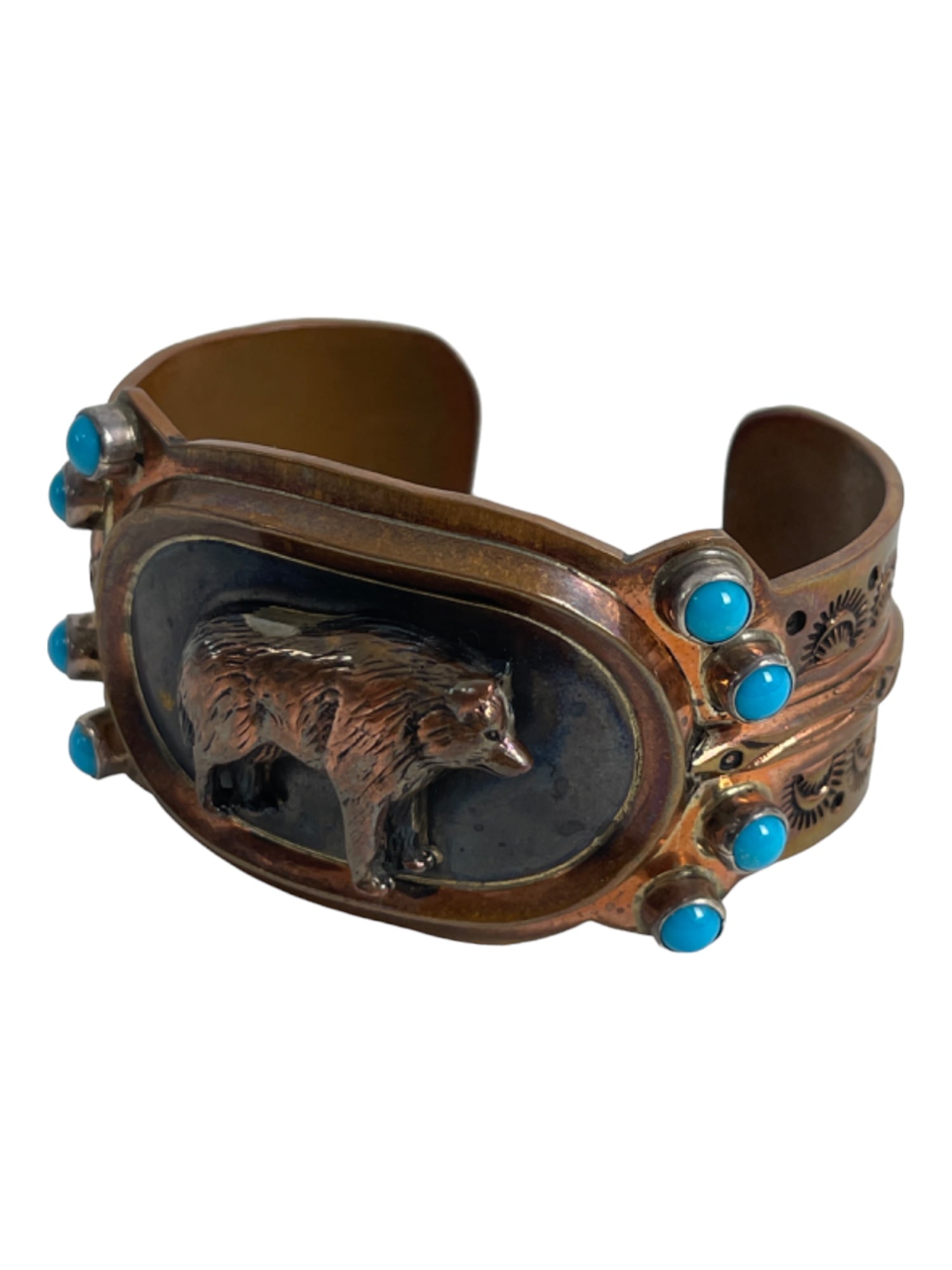 NATIVE AMERICAN INDIAN TURQUOISE CUFF BRACELET STERLING SILVER COPPER WOLF (1 of 7)