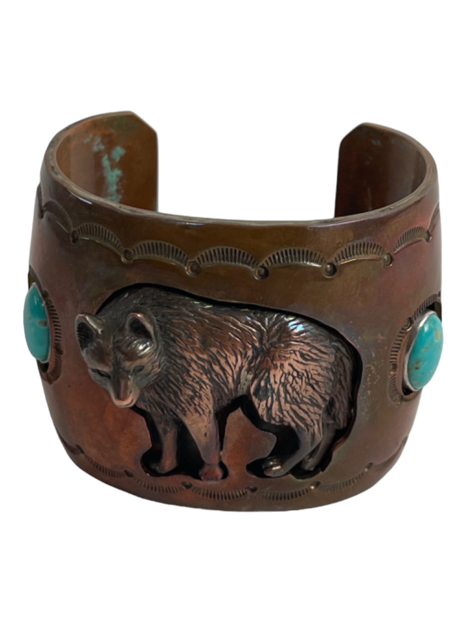 NATIVE AMERICAN INDIAN TURQUOISE CUFF BRACELET STERLING SILVER COPPER WOLF (1 of 6)