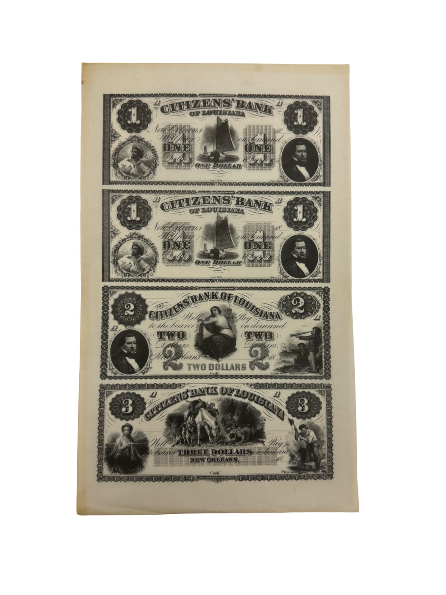 Uncut Sheet of Louisiana The Citizens Bank of Louisiana.: Uncut Sheet of Louisiana The Citizens Bank of Louisiana.