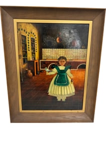 AGAPITO LABIOS ANTIQUE MEXICAN FOLK ART OIL PAINTING GIRL IN KITCHEN