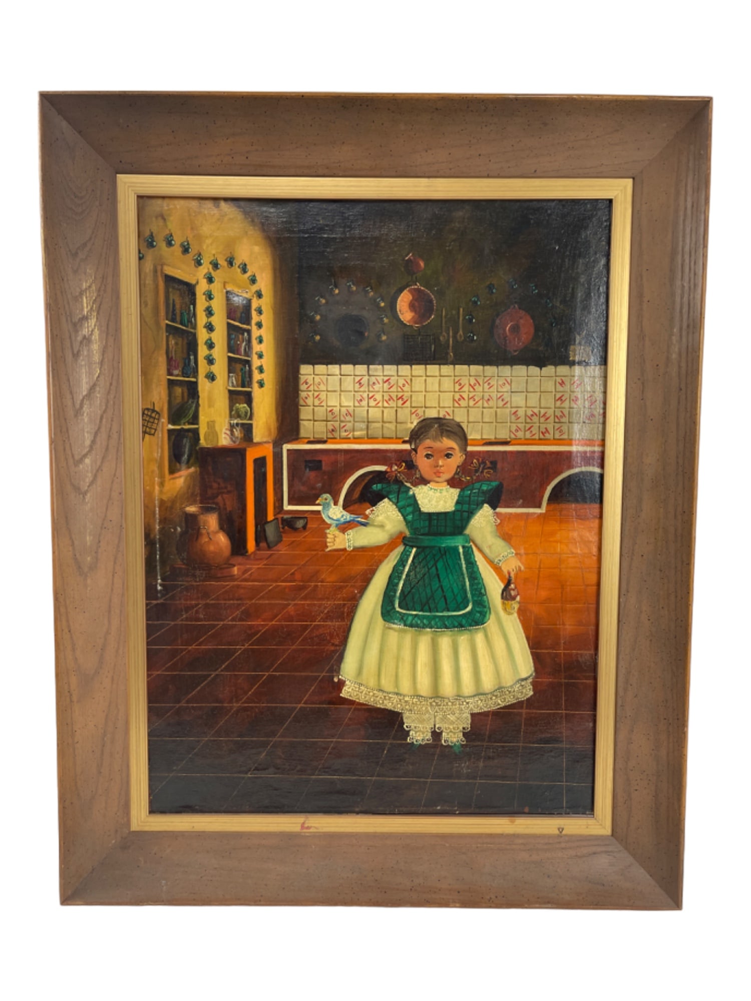 AGAPITO LABIOS ANTIQUE MEXICAN FOLK ART OIL PAINTING GIRL IN KITCHEN: AGAPITO LABIOS ANTIQUE MEXICAN FOLK ART OIL PAINTING GIRL IN KITCHEN. 30" X 23" INCLUDING FRAME. THIS PAINTING IS BY AGAPITO LABIOS. PAINTING HAS TEAR AND REPAIR, PLEASE SEE PHOTOS.