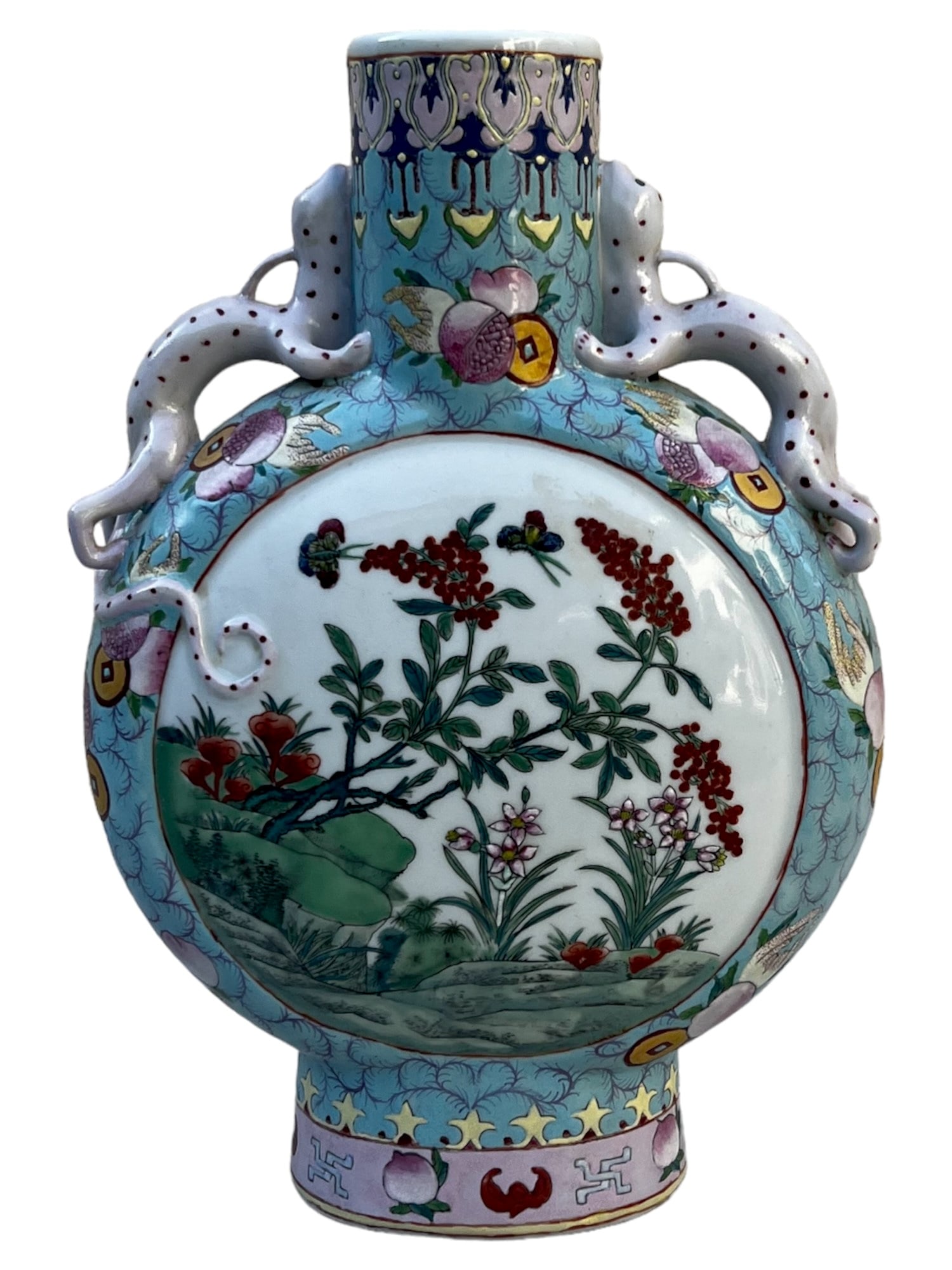 Chinese a porcelain famille rose moon flask, Qing dynasty, 19th Century.: A porcelain famille rose moon flask, Qing dynasty, 14.1" in.